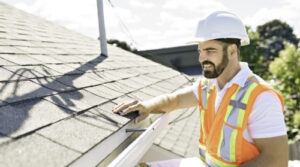 a technician in a hardhat inspecting a shingle roof